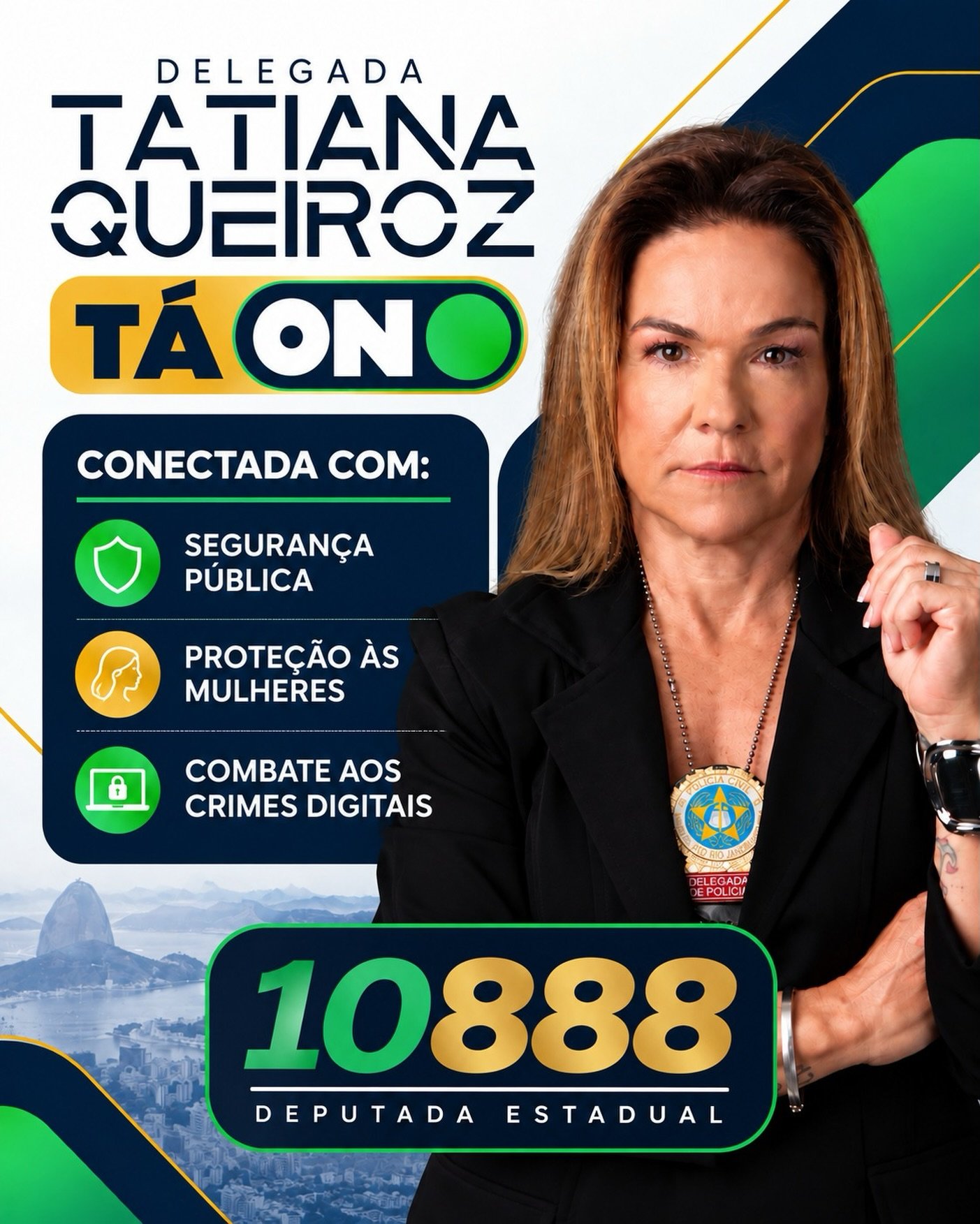 Delegada Tatiana Queiroz em peça de campanha